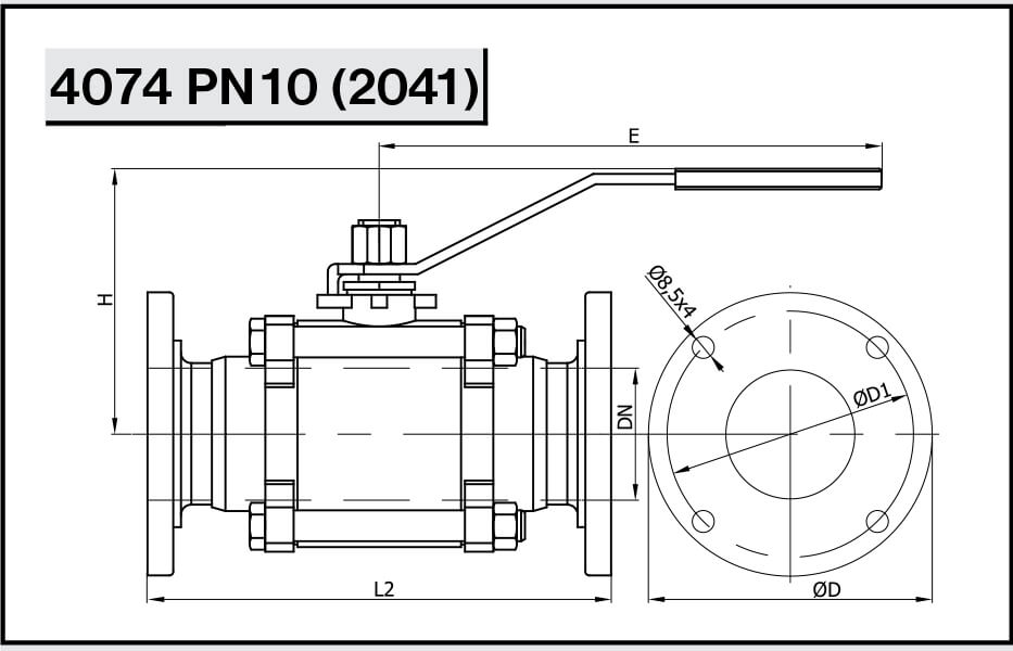Кран шаровой фланцевый из трех частей NIOB FLUID 4074 PN 10 (2041) ПН/ПН